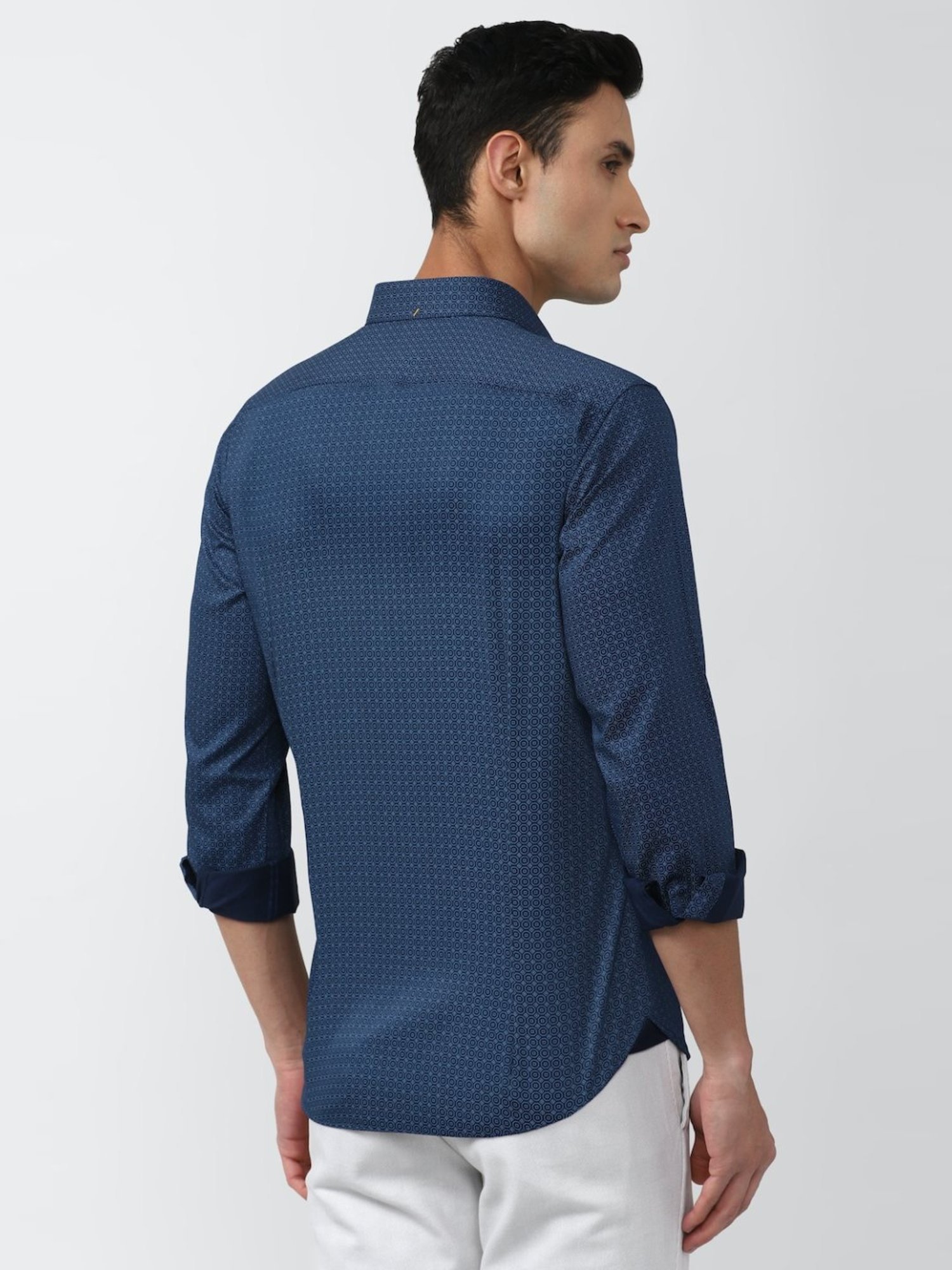 V Dot Navy Cotton Slim Fit Printed Shirt