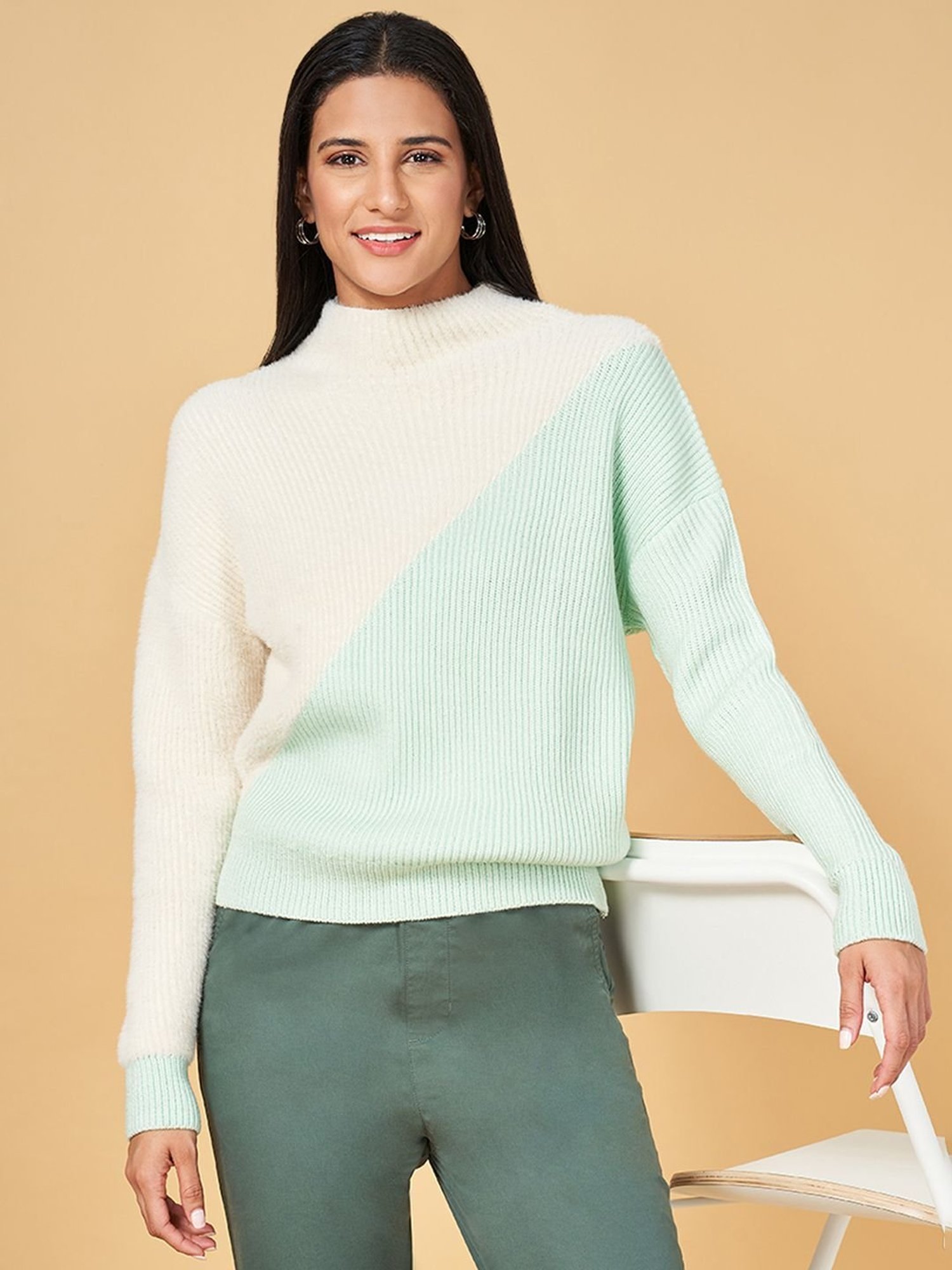 Honey by Pantaloons White & Green Color-Block Sweater