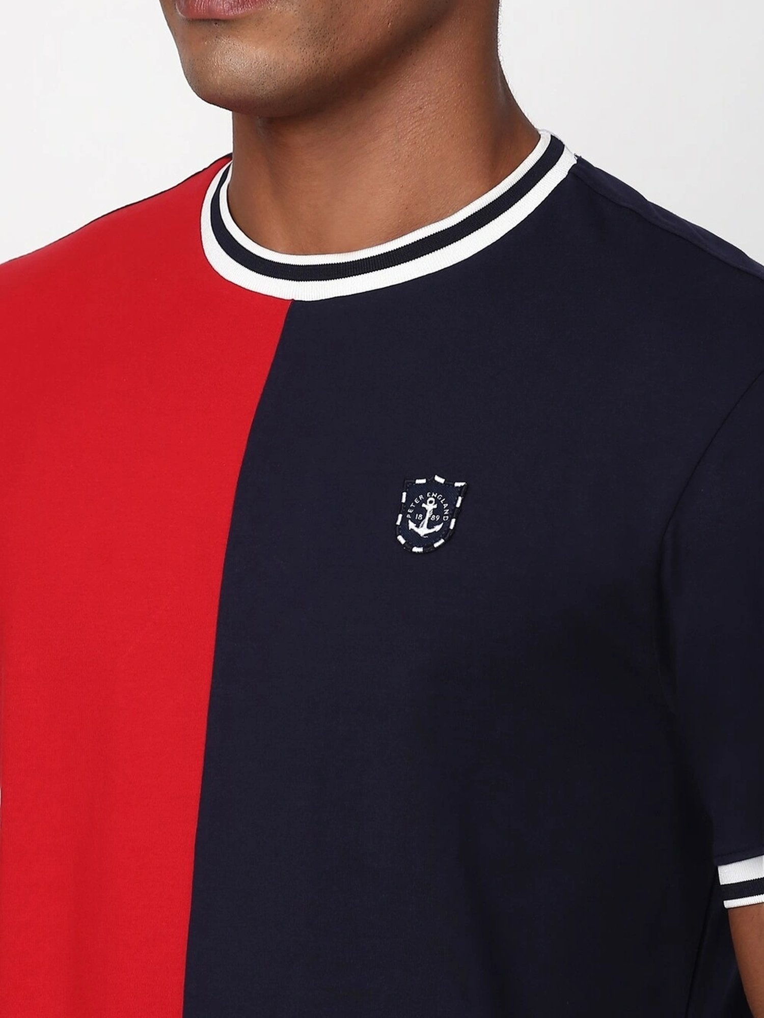 Peter England Navy & Red Cotton Regular Fit Colour Block T-Shirt