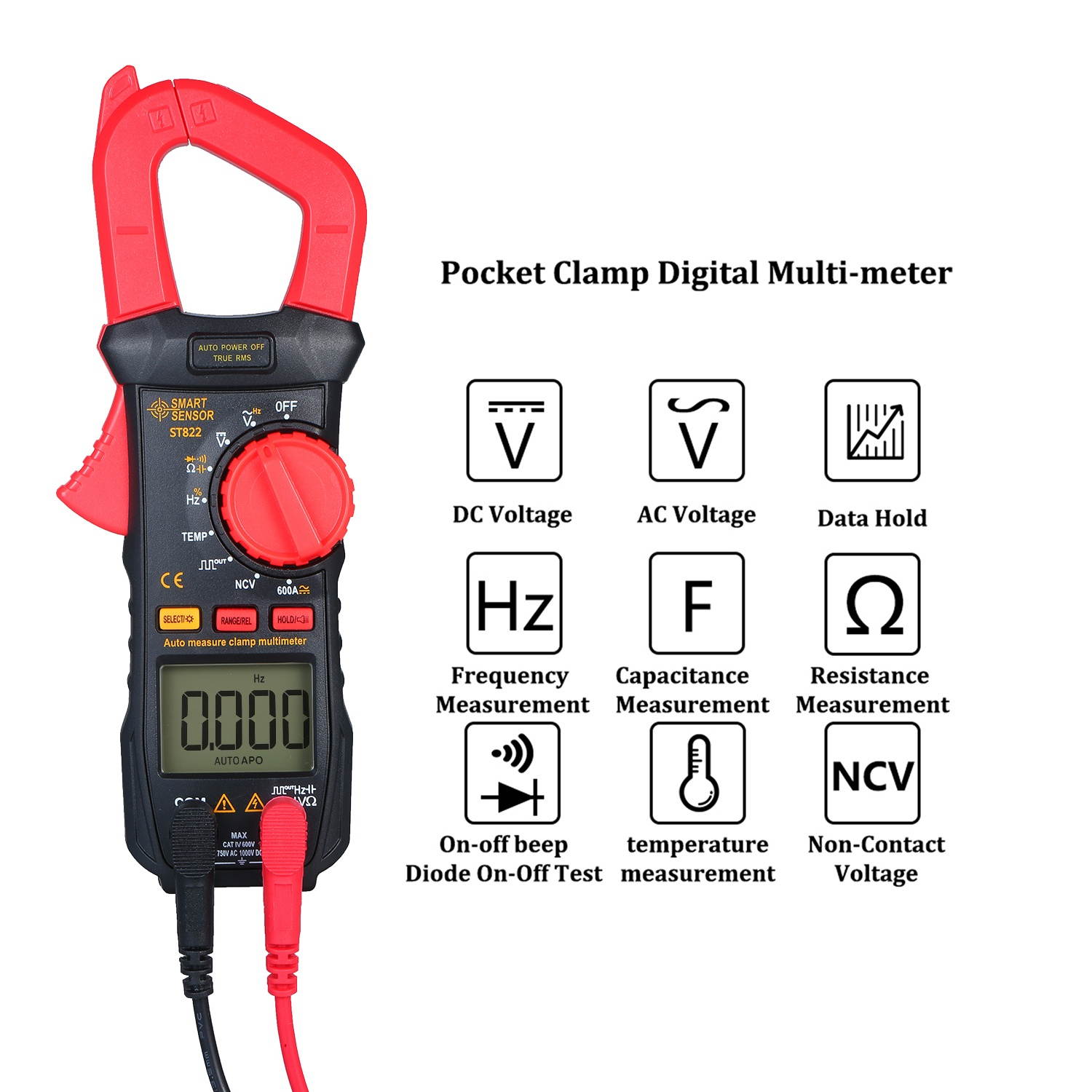 SMART SENSOR Digital Clamp Meter High Precision Manual Range Multimeter DC AC Clamp Ammeter Clamp Gauge ST822