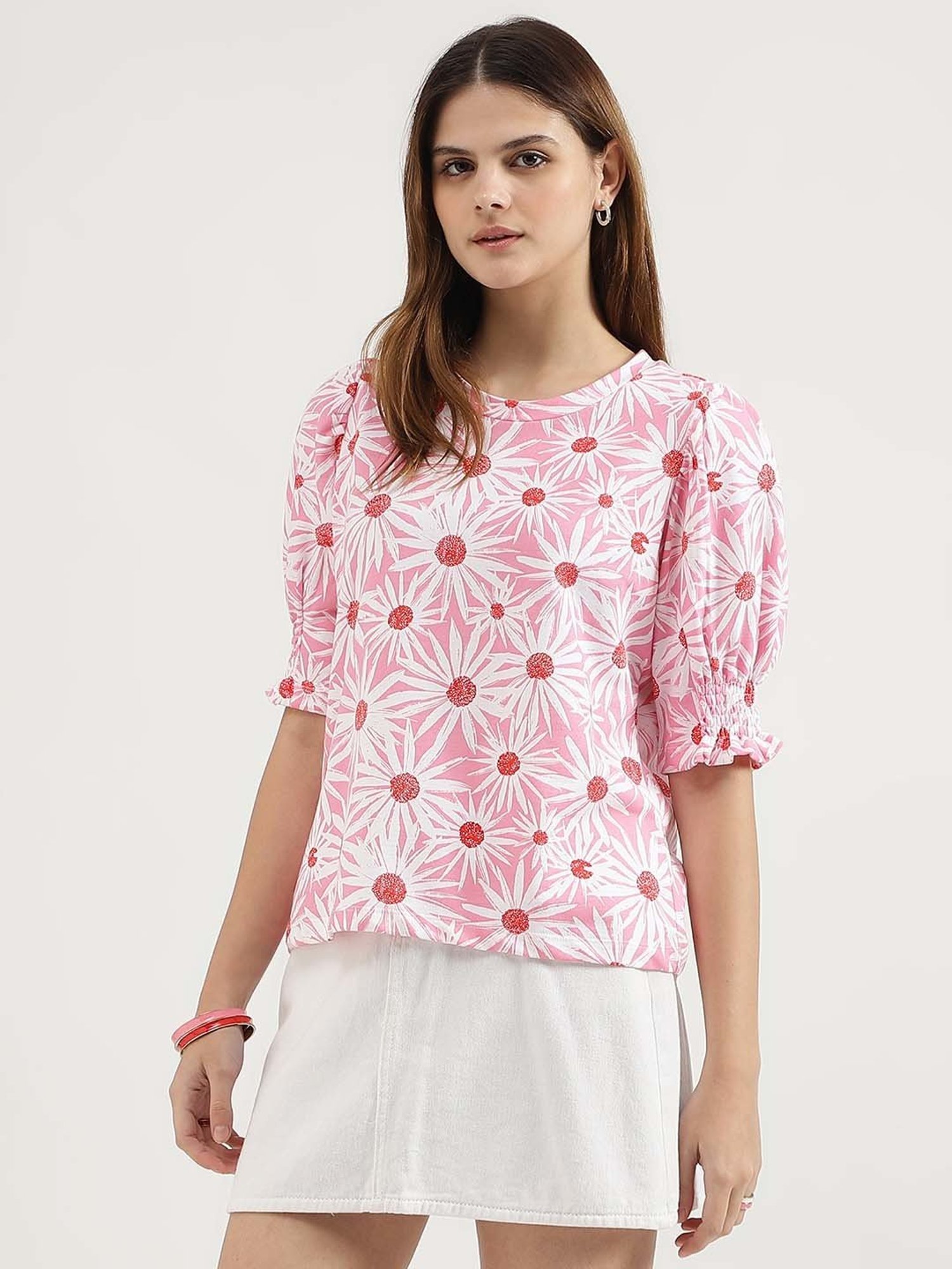 United Colors of Benetton Pink Cotton Printed Top