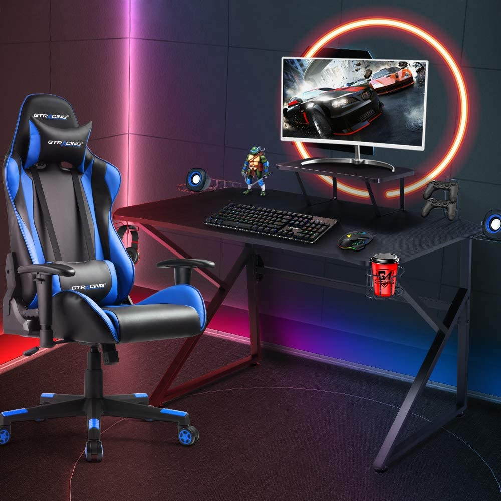Gaming Desk 39 Inch Computer Desk Gaming Table K Shaped Pc Gaming Workstation Home Office Desk with Headphone/CD Holder, Gaming Controller Rrack,Black