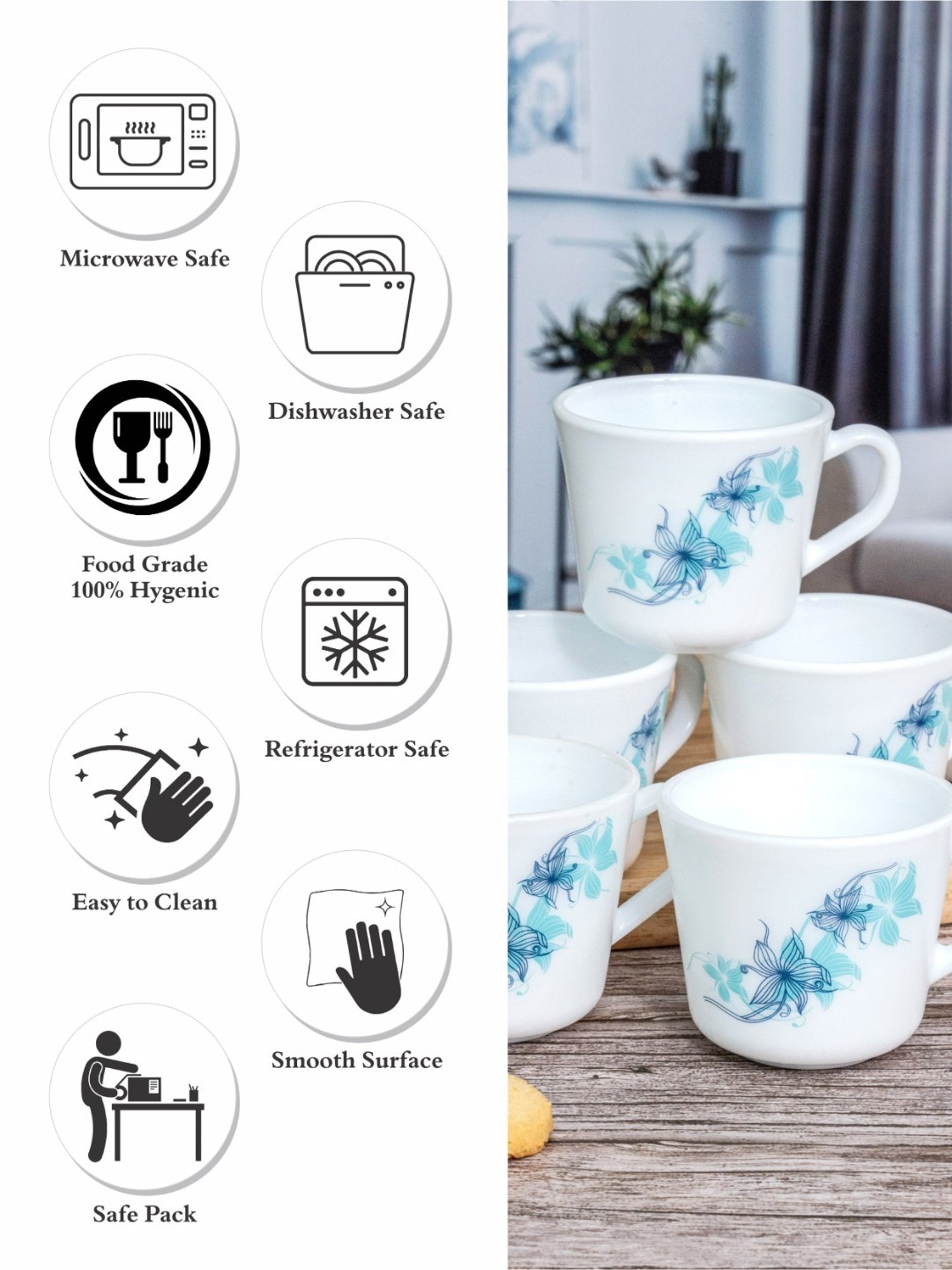 Cello White Opalware Tea & Coffee Mug - Set of 6