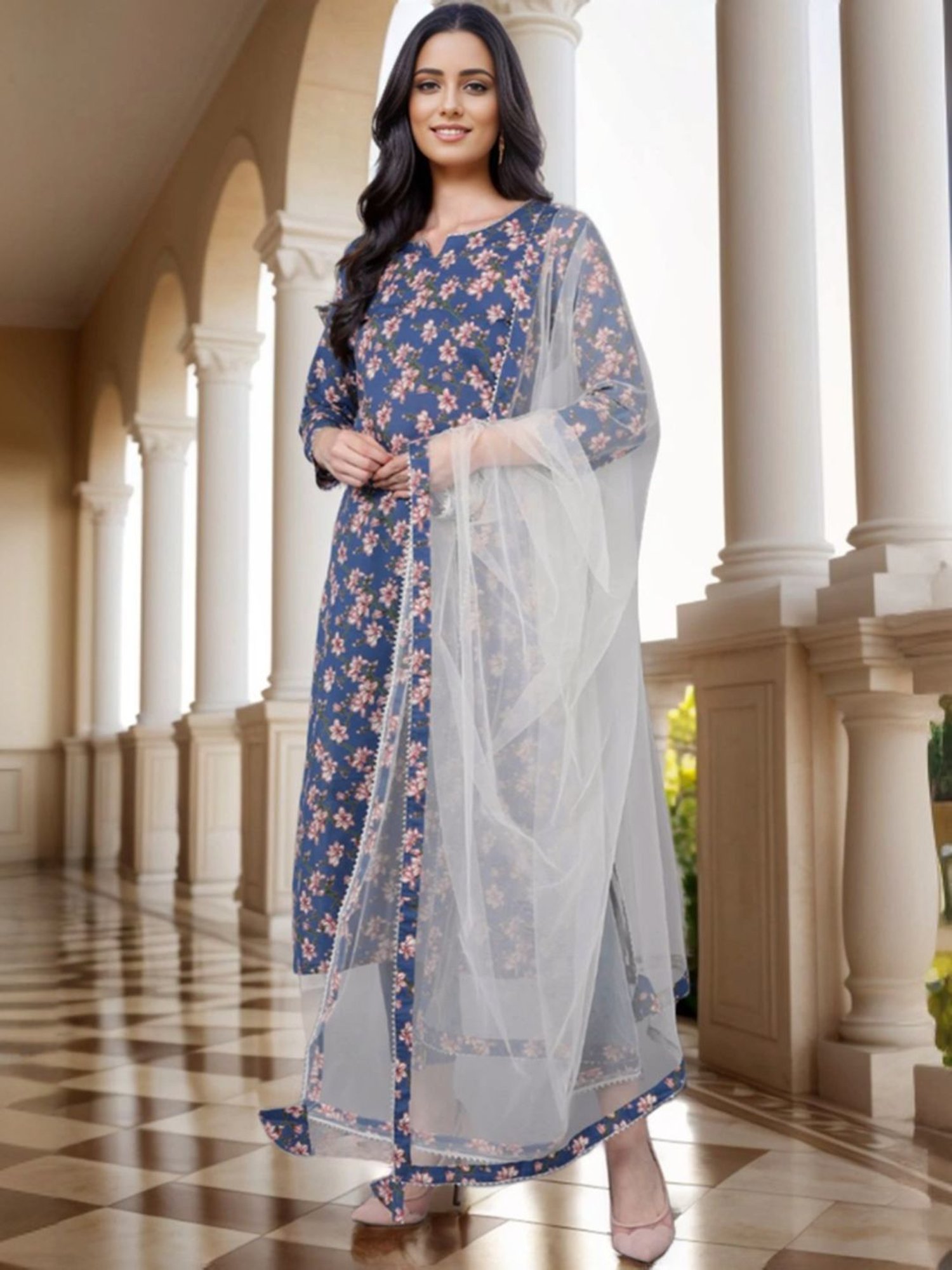 Vaamsi Blue Rayon Floral Print Kurta Pant Set With Dupatta