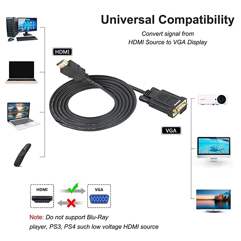 HDMI to VGA  GoldPlated HDMI to VGA 6 Feet Cable Male to Male Compatible for Computer Desktop Laptop PC Monitor Projector HDTV Raspberry Pi Roku Xbox and More