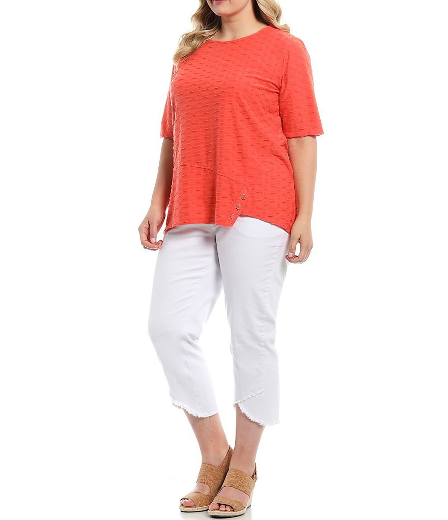 Multiples Plus Size Solid Textured Knit Crew Neck Short Sleeve Button Detail Asymmetrical Hem Top