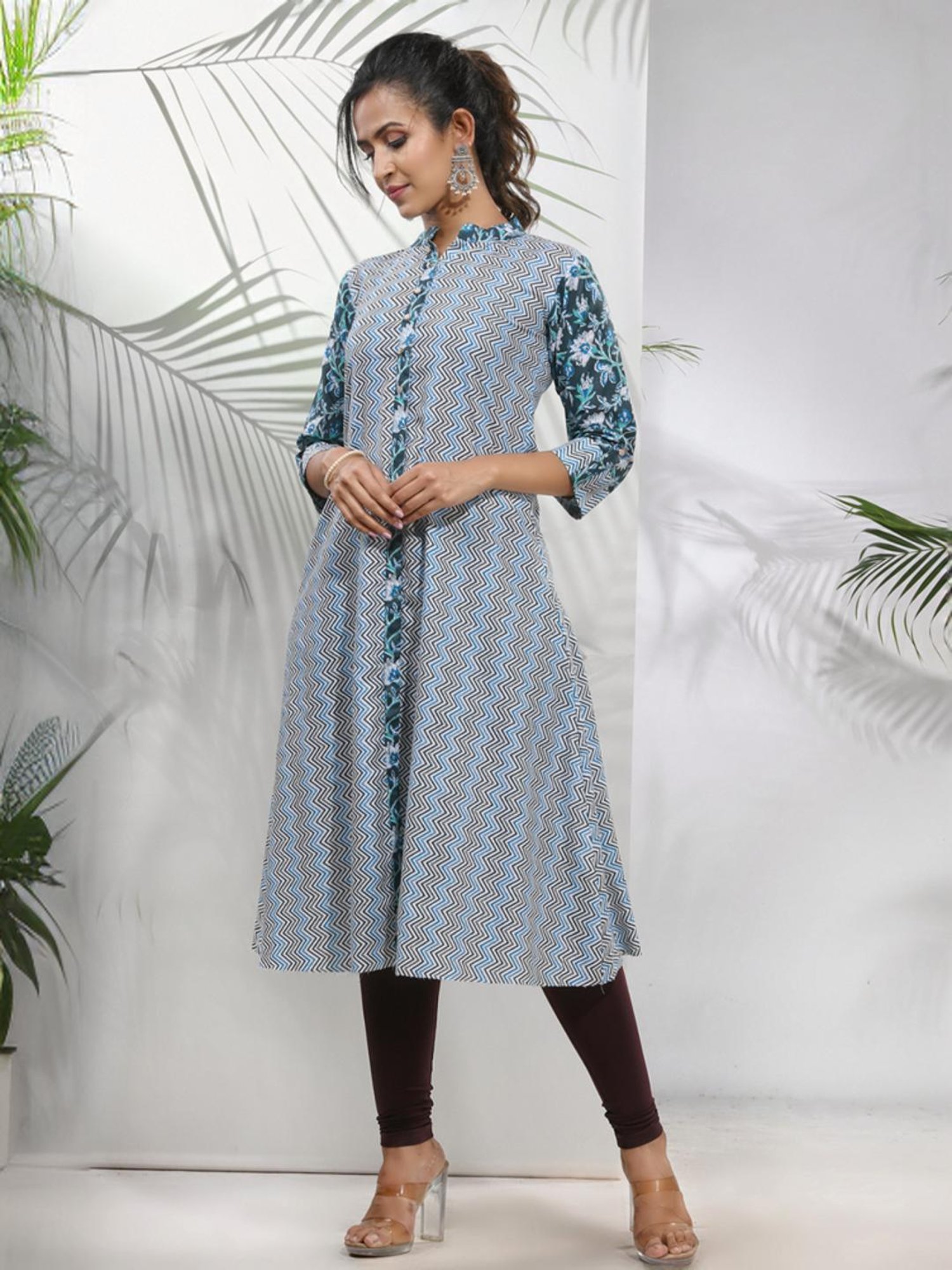 CHARUKRITI Blue Cotton Printed A Line Kurta