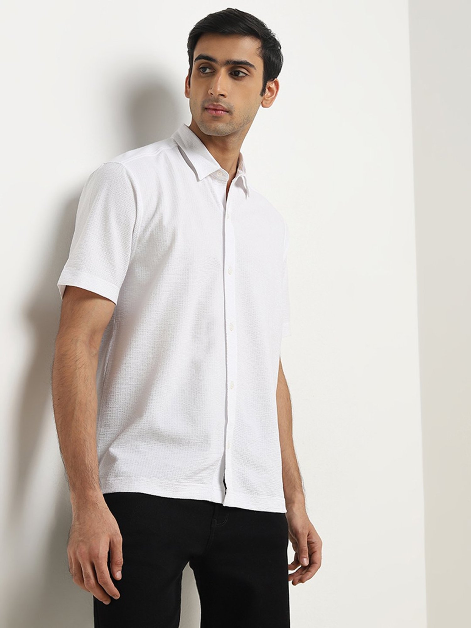Ascot by Westside White Textured Relaxed-Fit Shirt