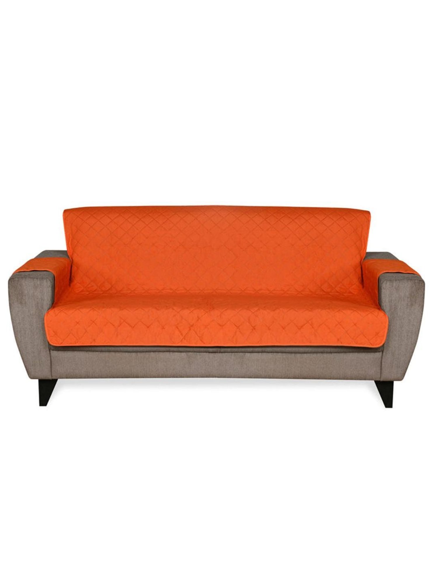@home ORANGE & GREY Solid Polyester Quilted Reversible 3 Seater Sofa Cover