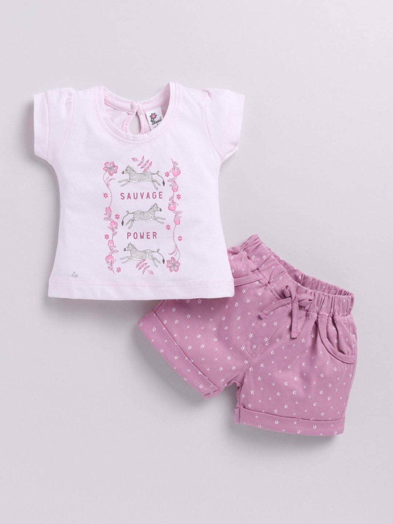 ANNIE Girls Purple Cotton Printed Top & Short sets