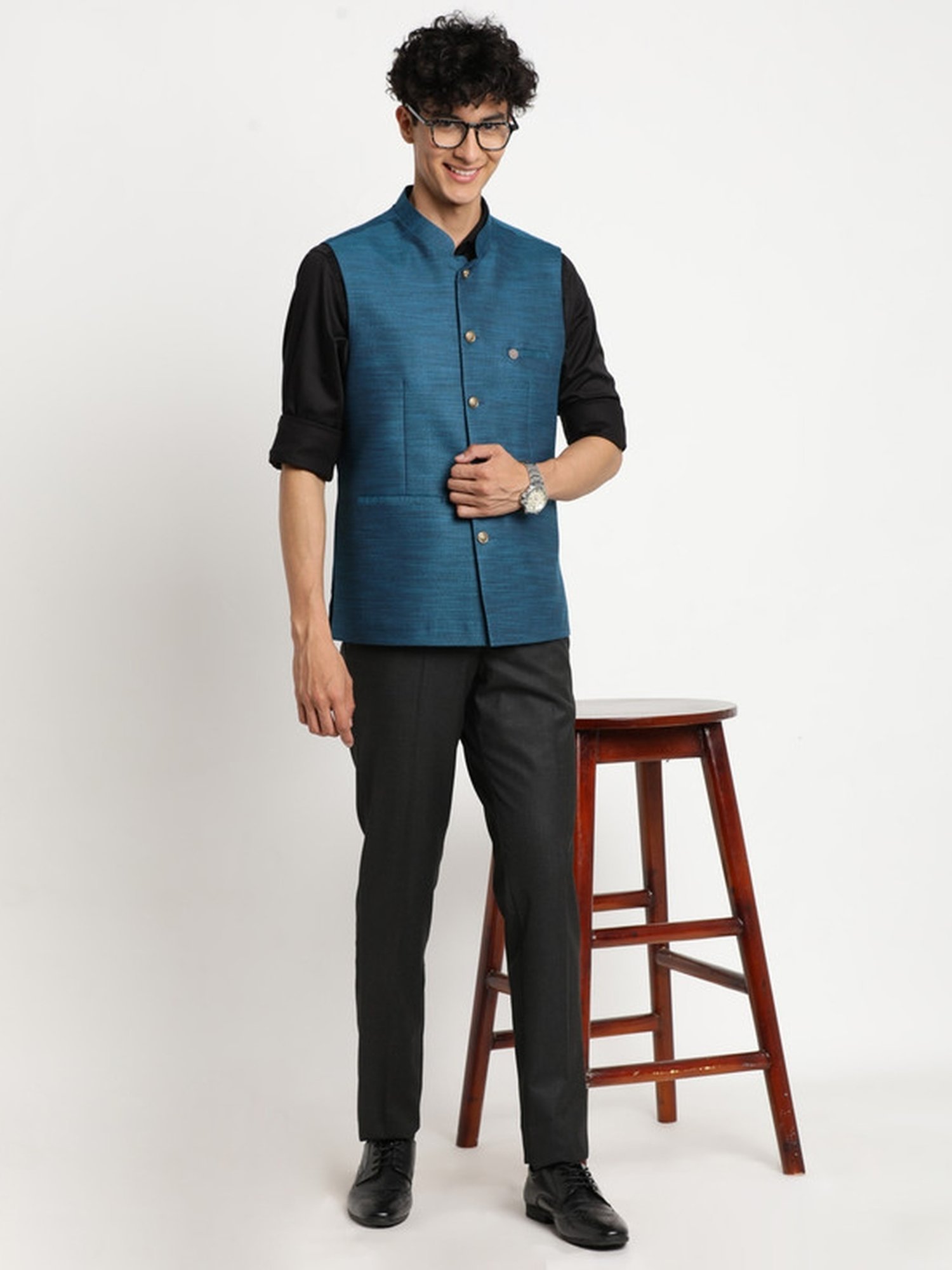 Turtle Blue Slim Fit Nehru Jacket