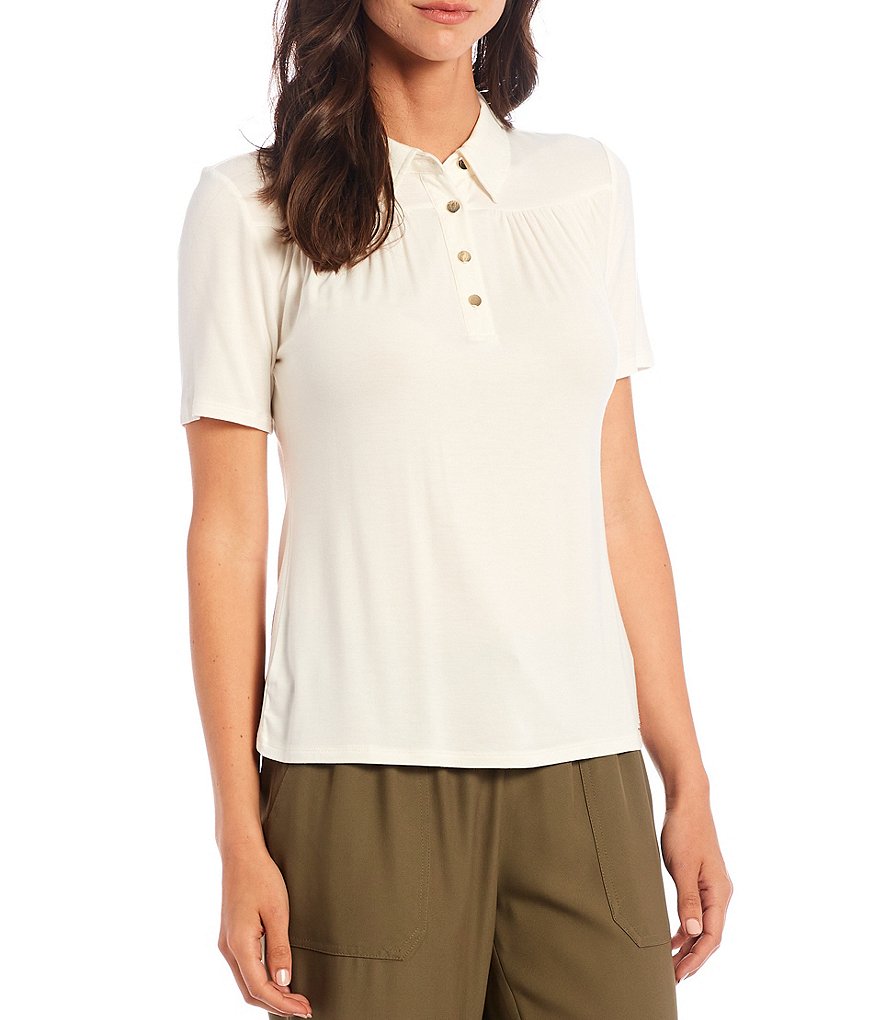 Calvin Klein Matte Jersey Point Collar Button Front Placket Shirring Detail Short Sleeve Top