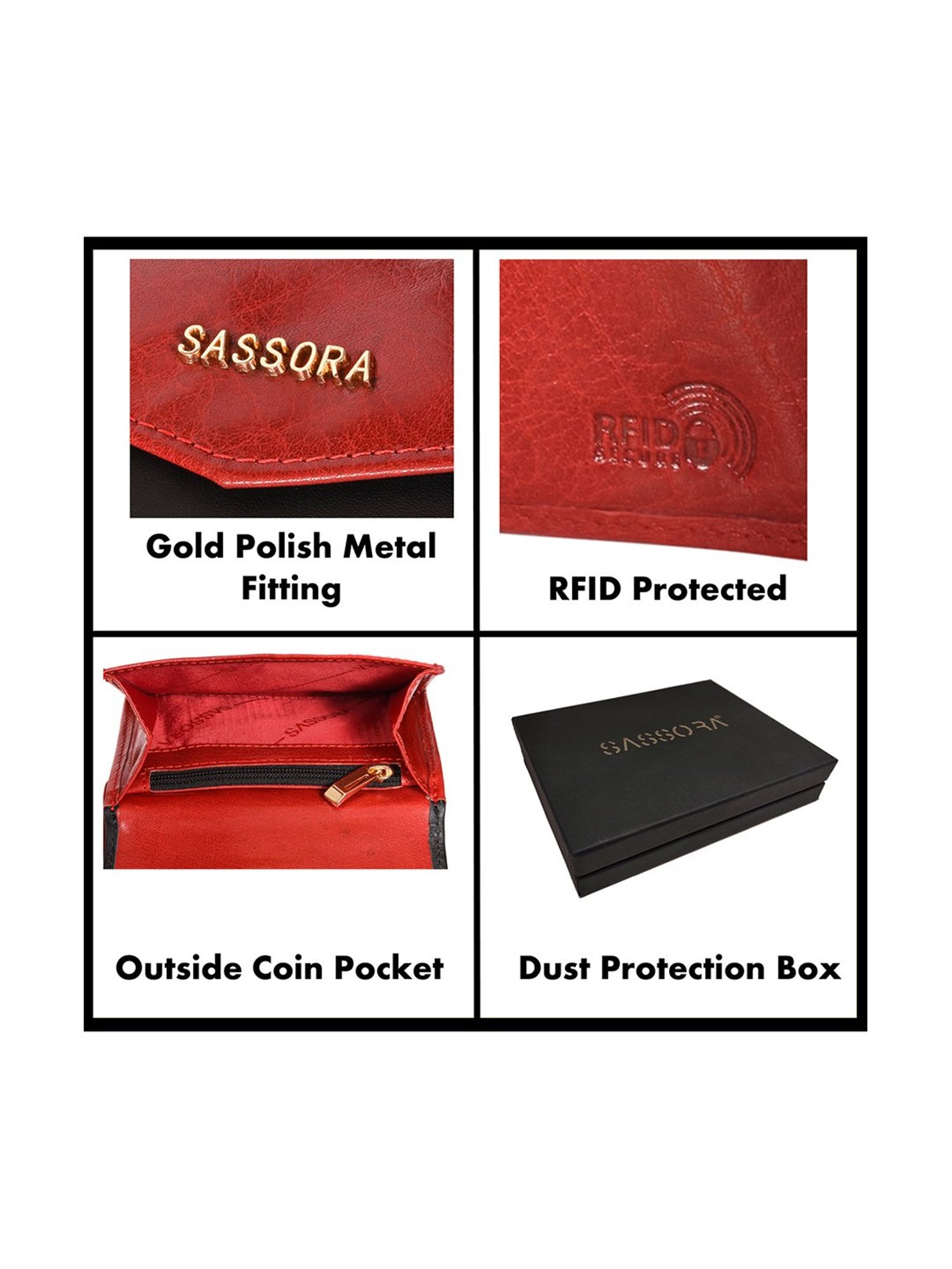 SASSORA Red & Black Solid Rfid Tri-Fold Wallet for Women