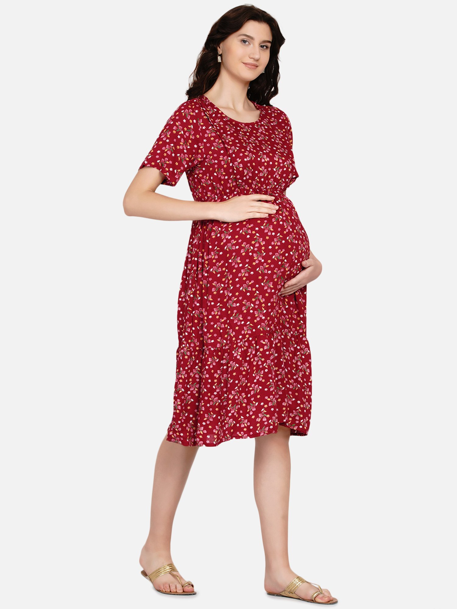 Mine4Nine Maroon Floral Print Maternity Dress