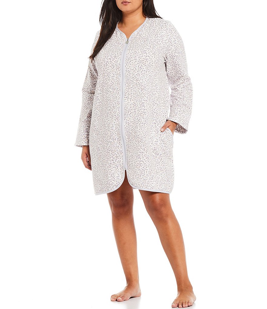 Miss Elaine Plus Leopard Print French Terry Round Neck Long Sleeve Zip Front Short Robe