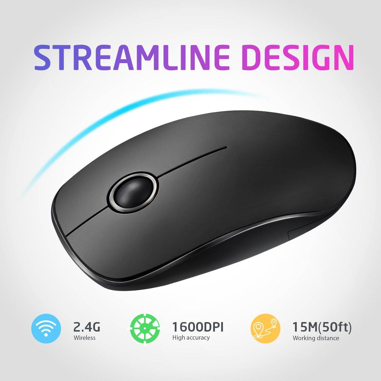2.4G Slim Wireless Mouse with Nano Receiver, Multi-Function wireless mouse, Noiseless and Silent Click with 1600 DPI, Slim and lightweight design for PC, Laptop, Tablet, Computer, and Mac, Black