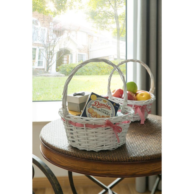 Vintiquewise White Willow Bowl Baskets Red Gingham Bow with Handle, Set of 2