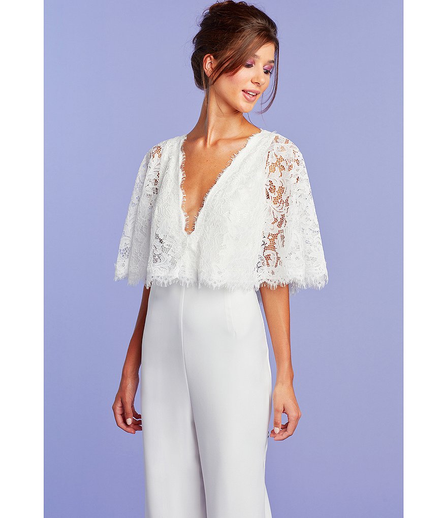 Tadashi Shoji Deep V-Neck Lace Caplet Bridal Jumpsuit
