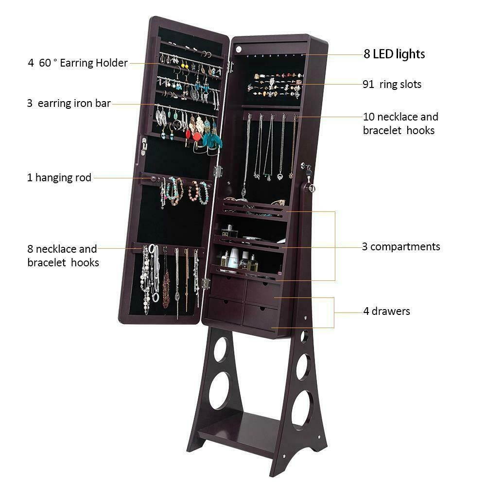 Mirrored Lockable Jewelry Cabinet Armoire Organizer Storage Box w/ Stand