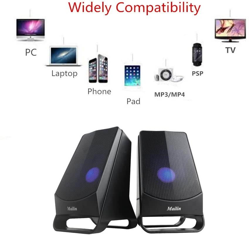 Mailin G16 Computer Speakers with Deep Bass Stereo and Blue LED Light, Dual-Channel Multimedia Speakers for PC Desktop Laptop Tablet Smartphones MP4 MP3