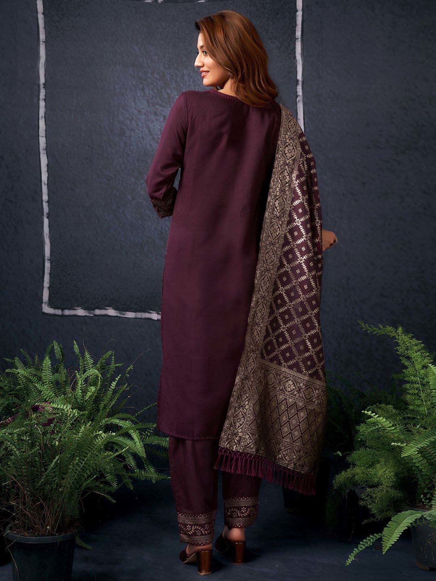 Skylee Maroon Cotton Embroidered Kurta Pant Set With Dupatta