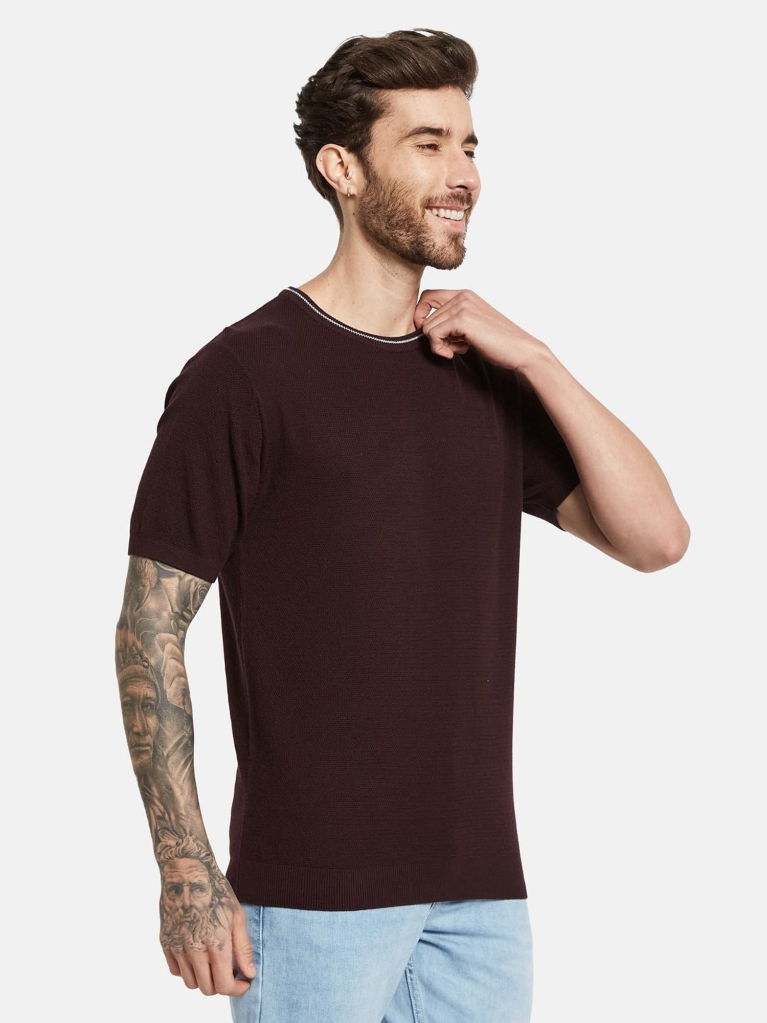 Mettle Wine Cotton Regular Fit T-Shirt
