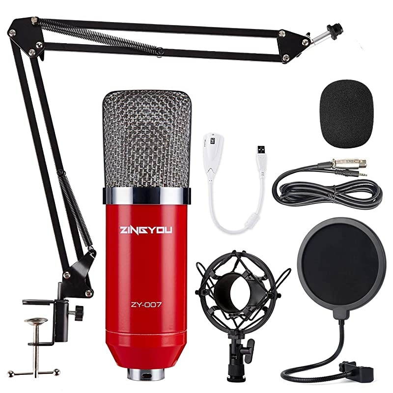 Condenser Microphone Bundle ZY007 Professional Cardioid Studio Condenser Mic Include Adjustable Suspension Scissor Arm Stand Shock Mount and Pop Filter Studio Recording Broadcasting
