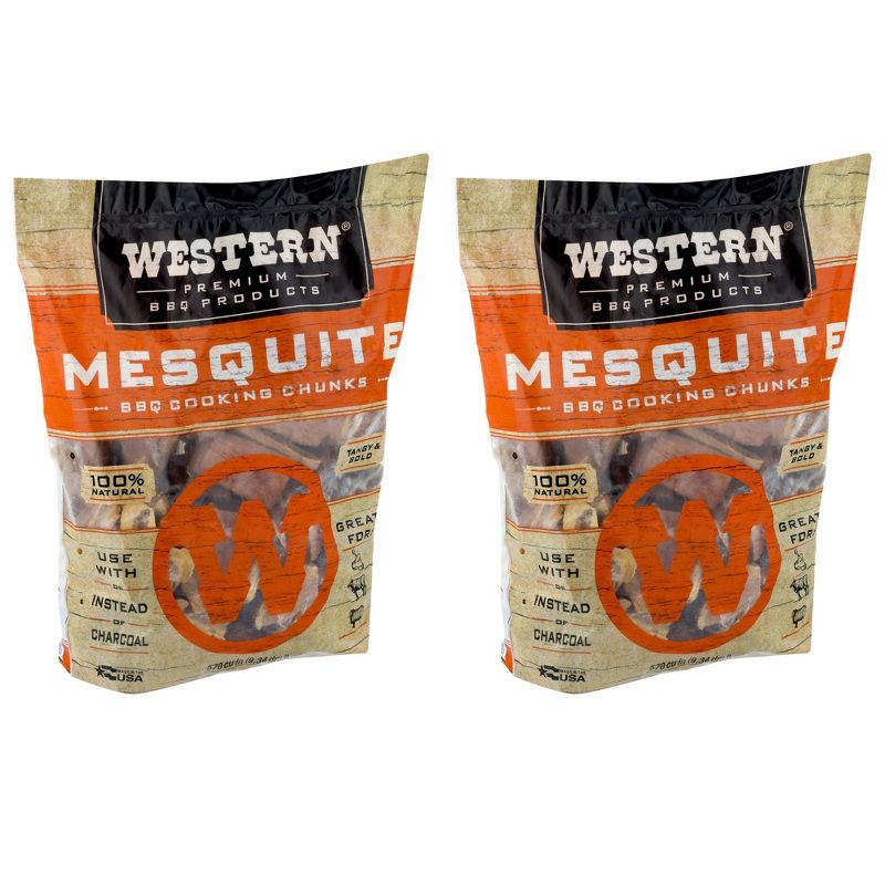 Western Premium BBQ Bagged and Heat Treated Wood Cooking Chunks, for Charcoal or Gas Grills and Smokers, Mesquite Flavor, 1.3 Cubic Feet (2 Pack)