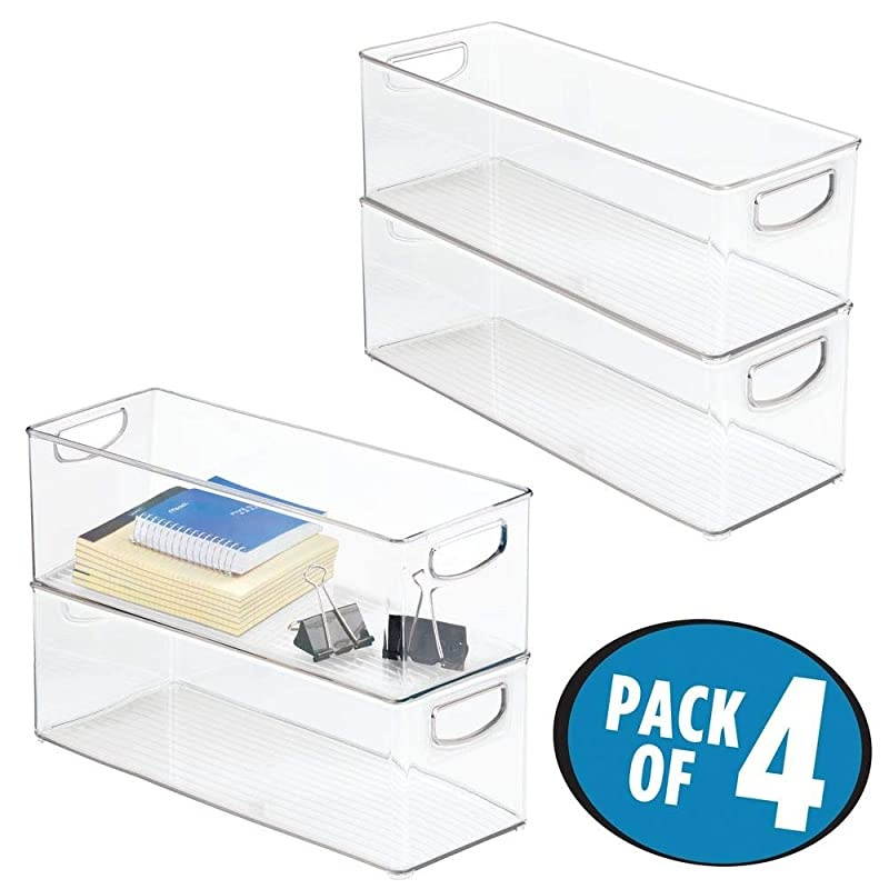 Large Stackable Plastic Storage Bin Container, Home Office Desk and Drawer Organizer Tote with Handles - Holds Gel Pens, Erasers, Tape, Pens, Pencils, Markers - 16" Long, 4 Pack - Clear
