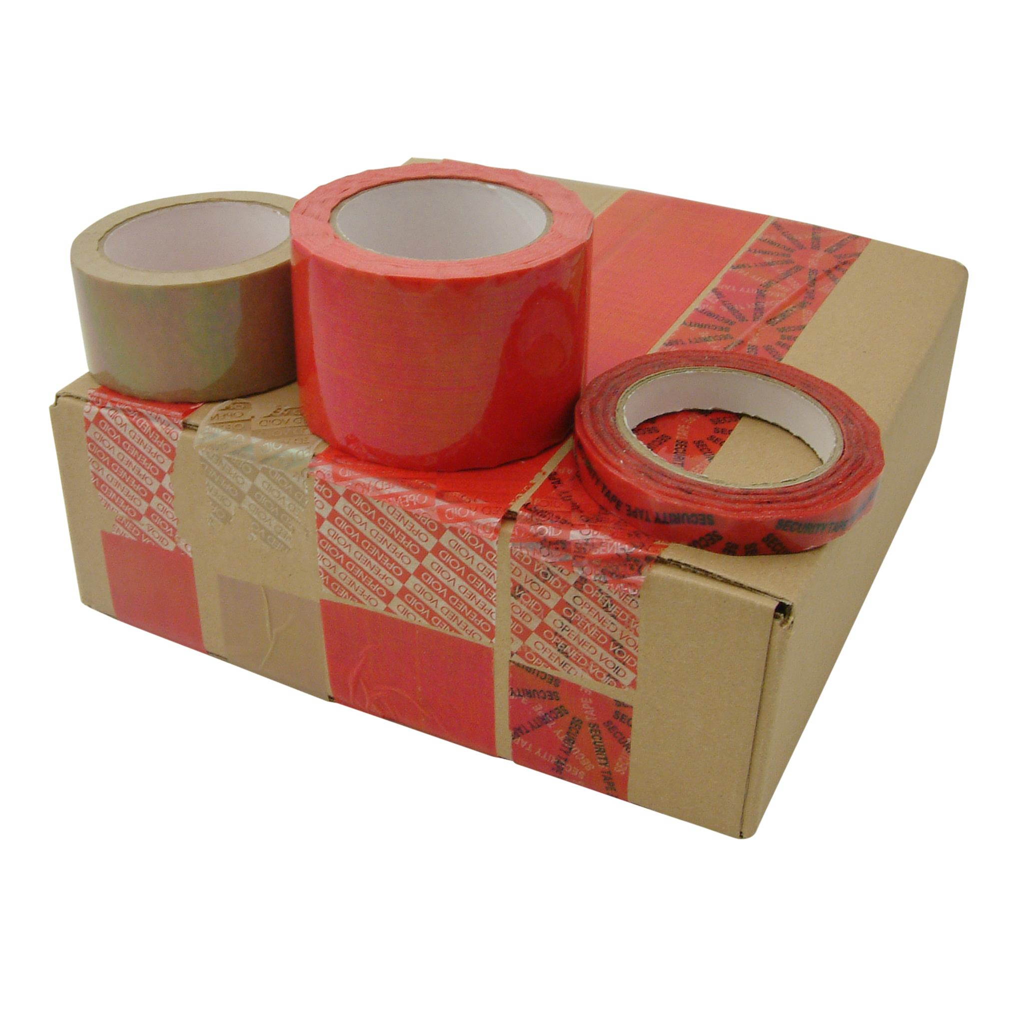 JVCC TEV-ST Tamper Evident Carton Sealing Tape: 1/2 in. x 55 yds. (Surface Printed Red with "OPENED VOID" message if removed)