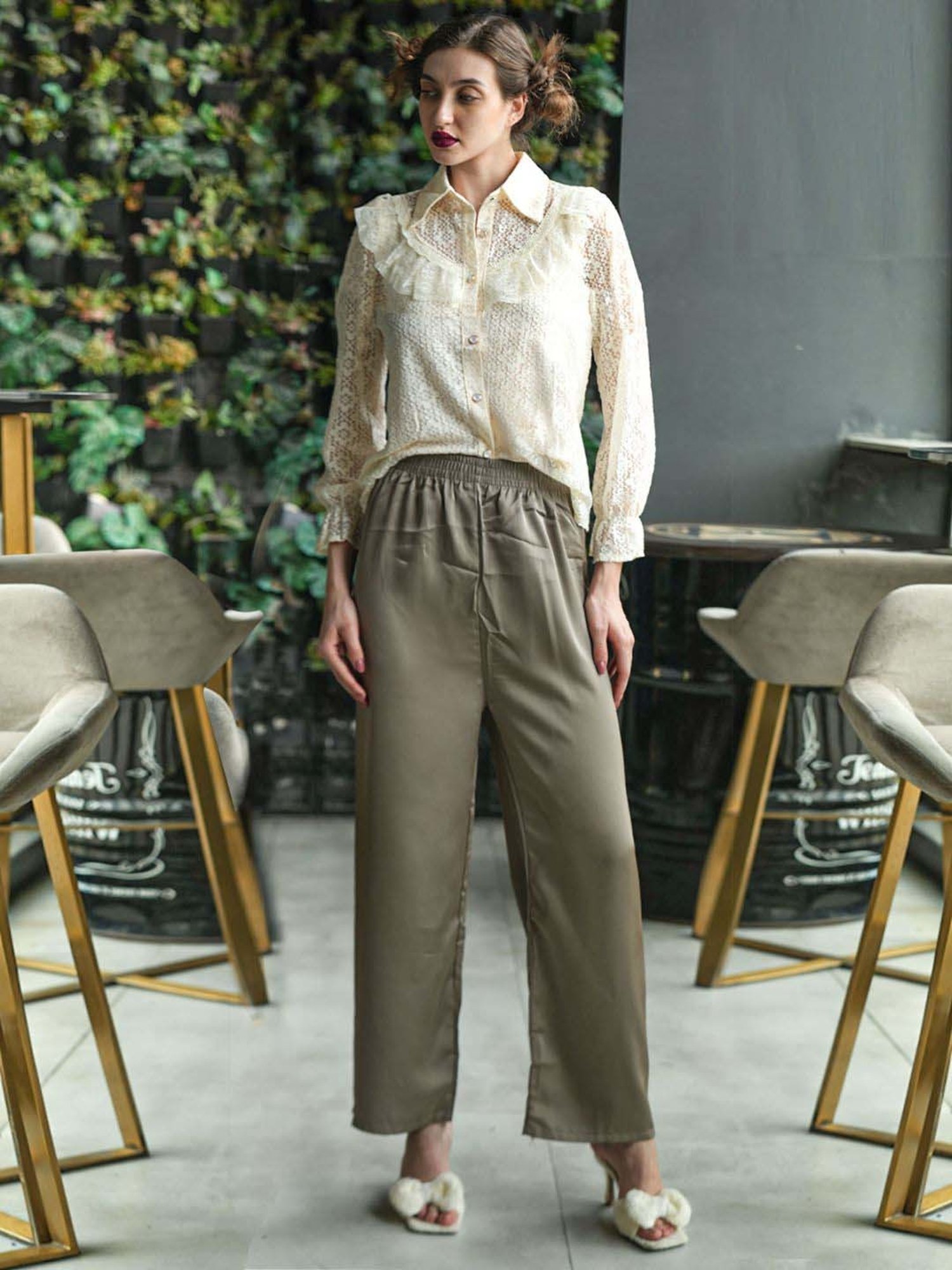 Odette Green Mid Rise Flared Pants