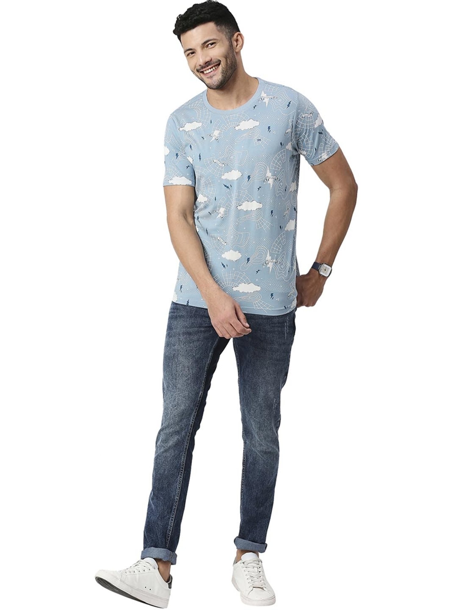 Basics Mid Blue  Slim Fit Printed T-Shirt
