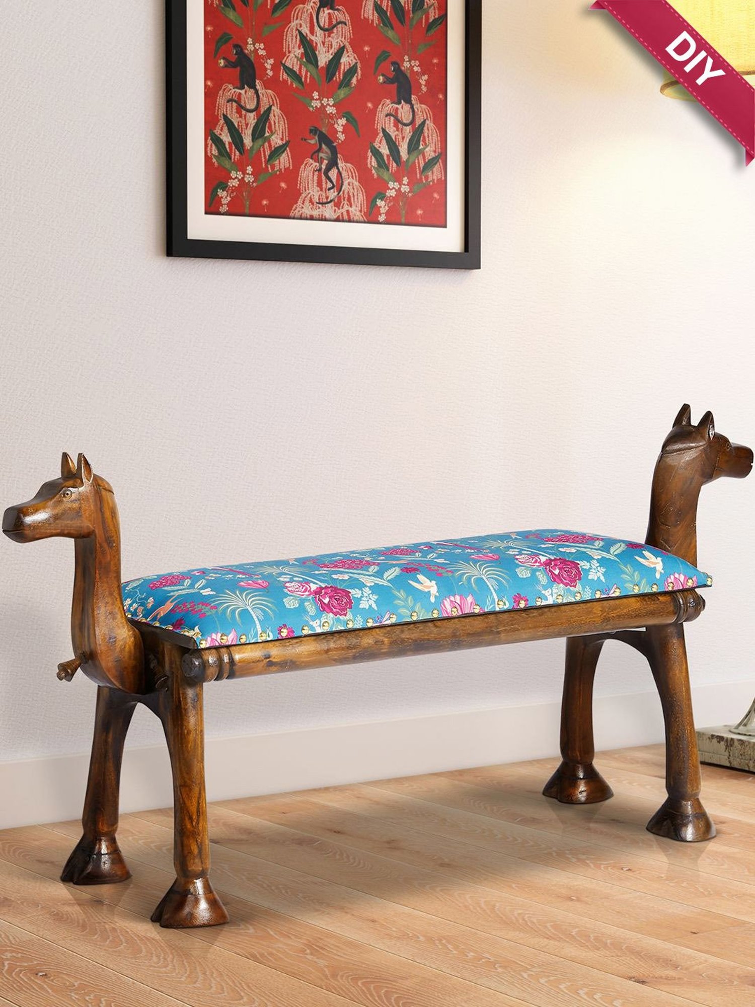 India Circus by Krsnaa Mehta Floral Galore Printed Teal Acacia Wood Bench
