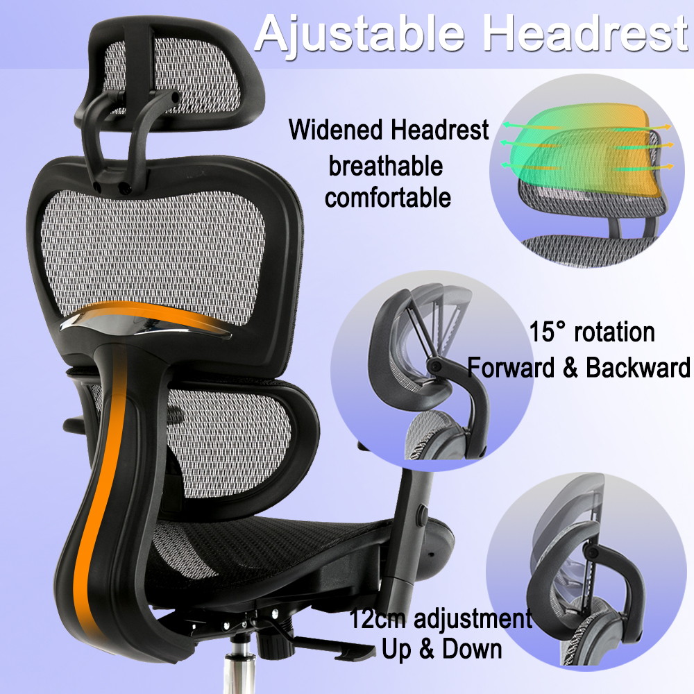 High Back Ergonomic Office Chair - Adjustable Headrest Mesh Task Chair Reclined and Lockable Executive Chair with Lumbar Support Comfortable Swivel Computer Chair with Armrest - Black