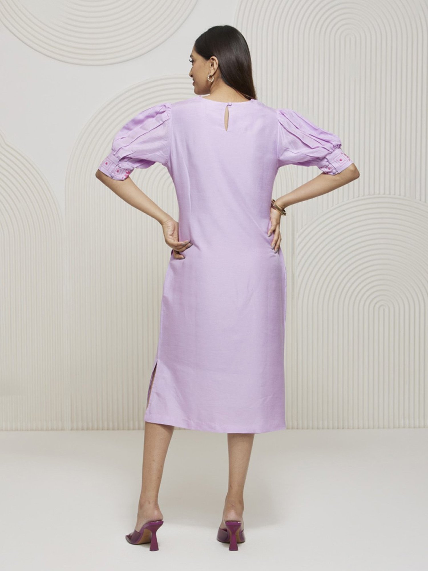 Artagai Lavender Straight Fit Dress with Slit On One and Kantha Embroidery On Cuff
