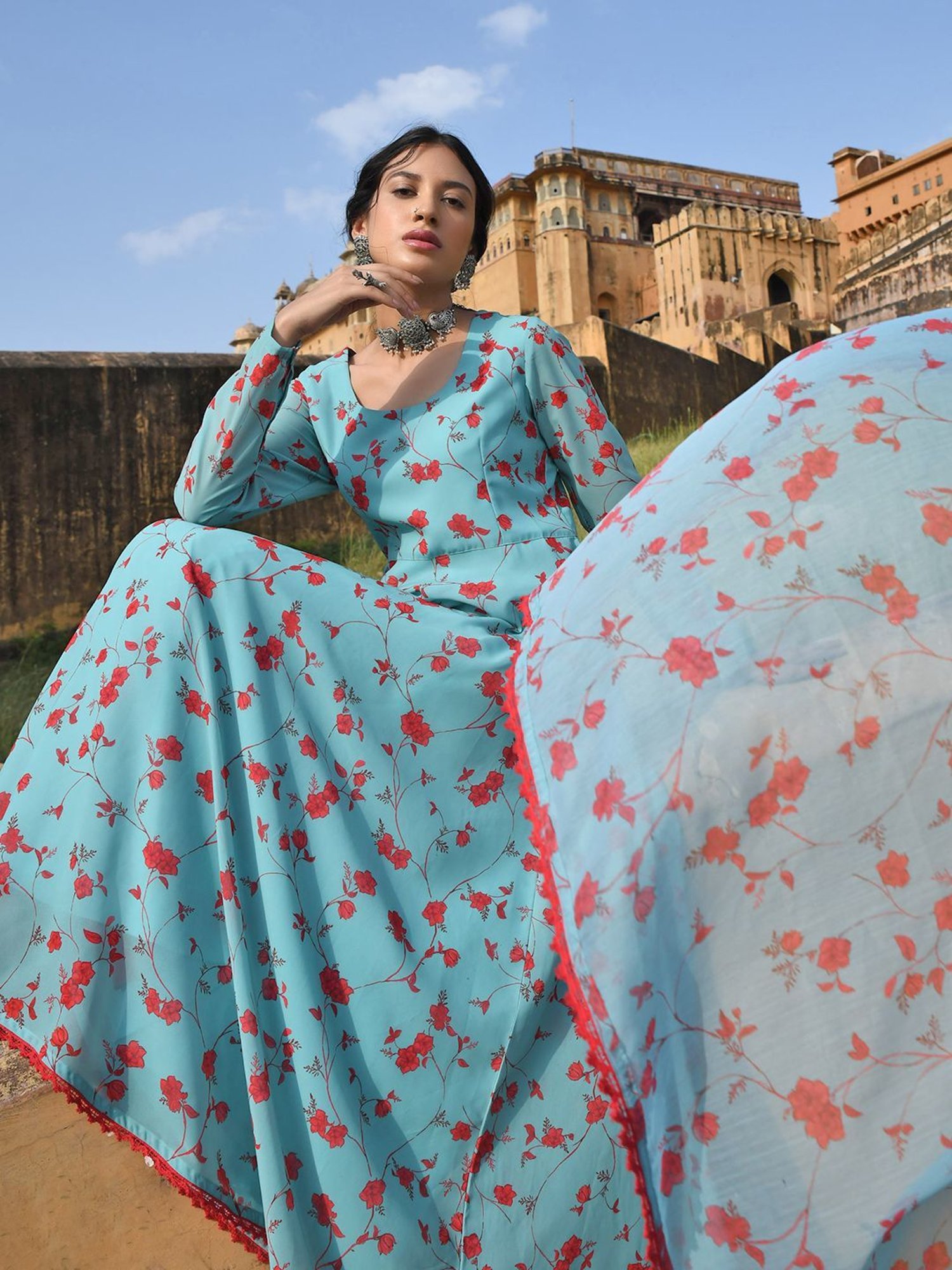Janasya Sea Green & Red Floral Print Kurta Palazzo Set With Dupatta