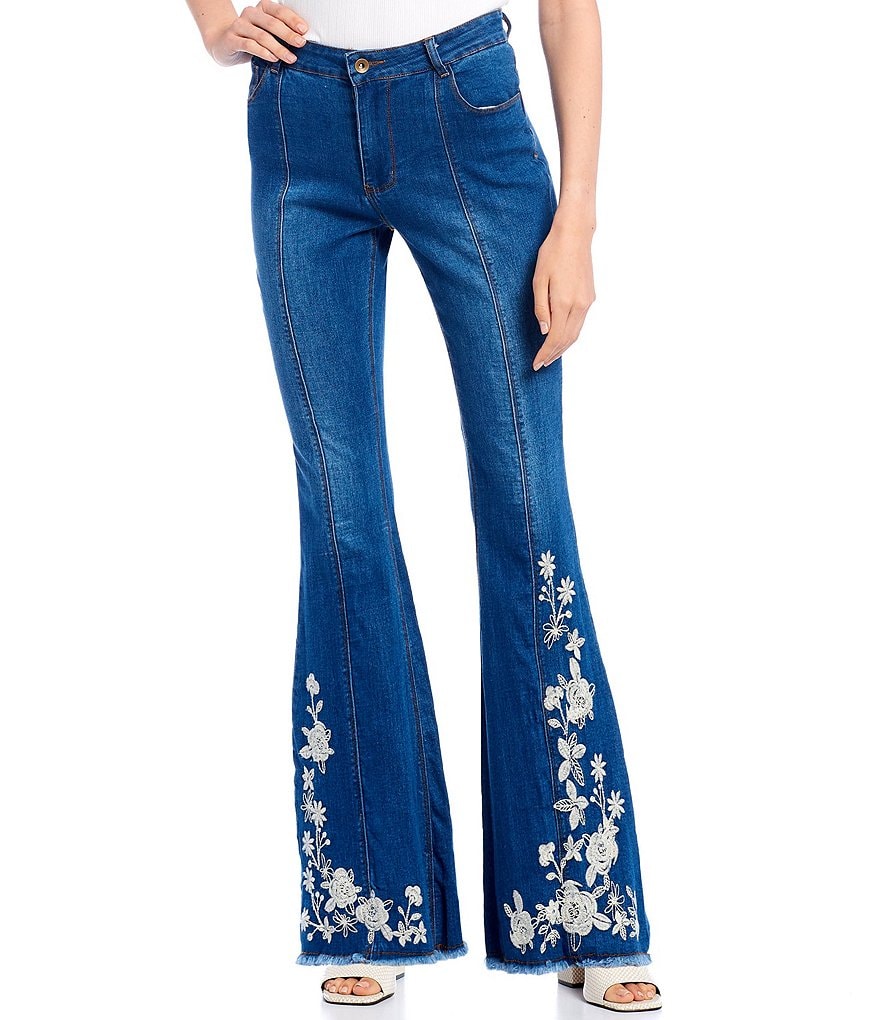 C&V Chelsea & Violet Mid Rise Embroidered Flare Jeans