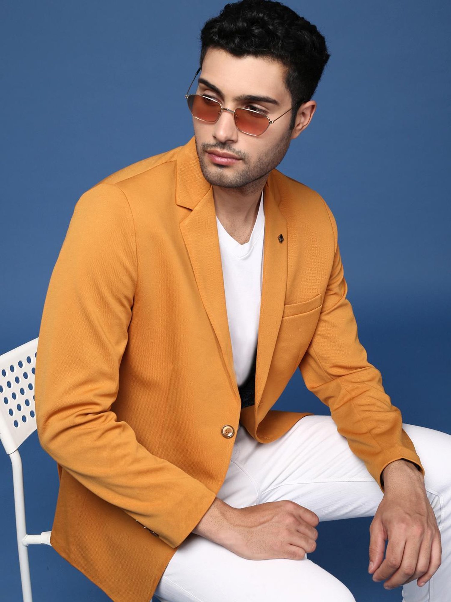 Showoff Mustard Cotton Slim Fit Blazer