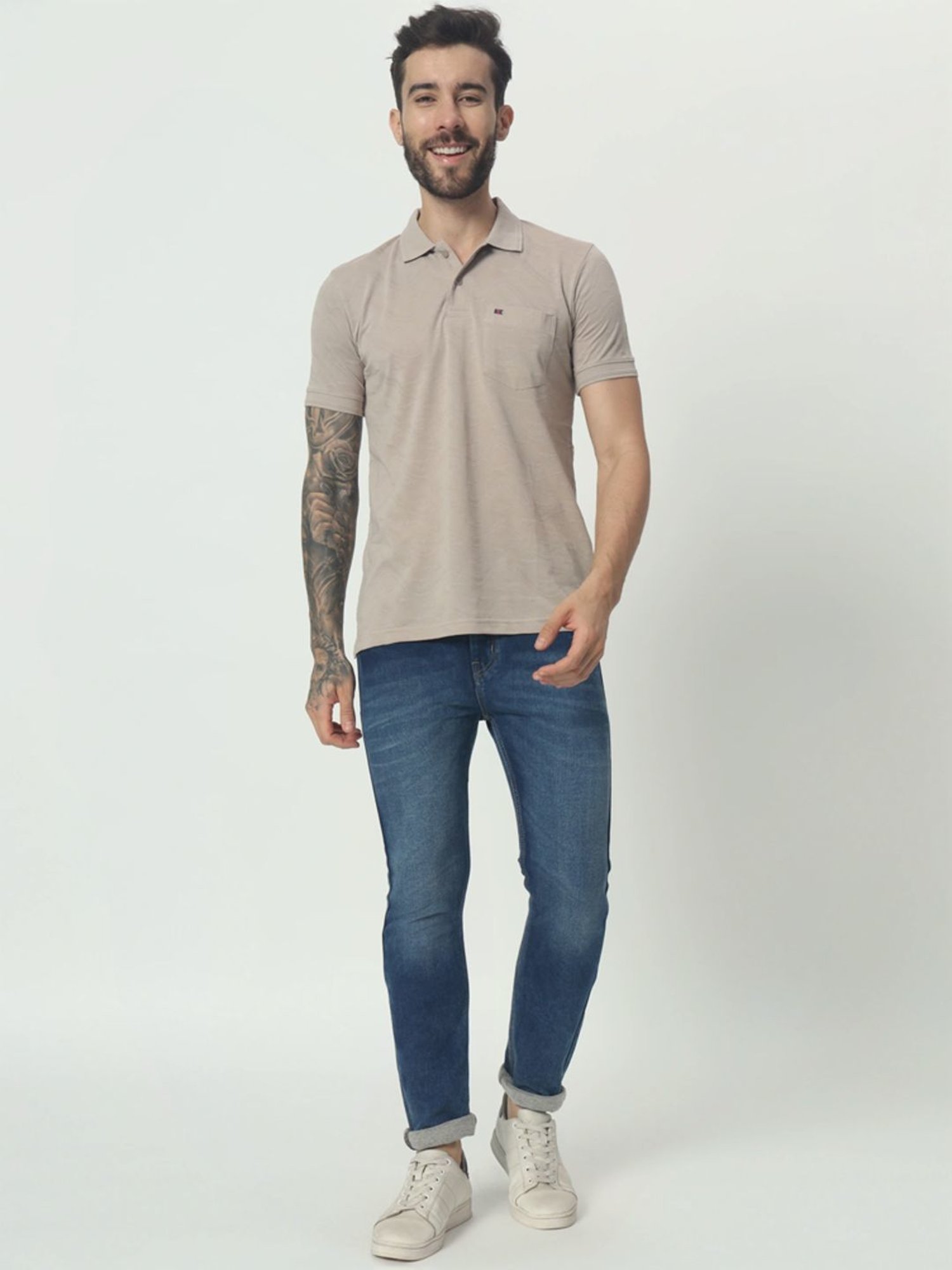 Tab91 Grey Regular Fit Self Pattern Polo T-Shirts