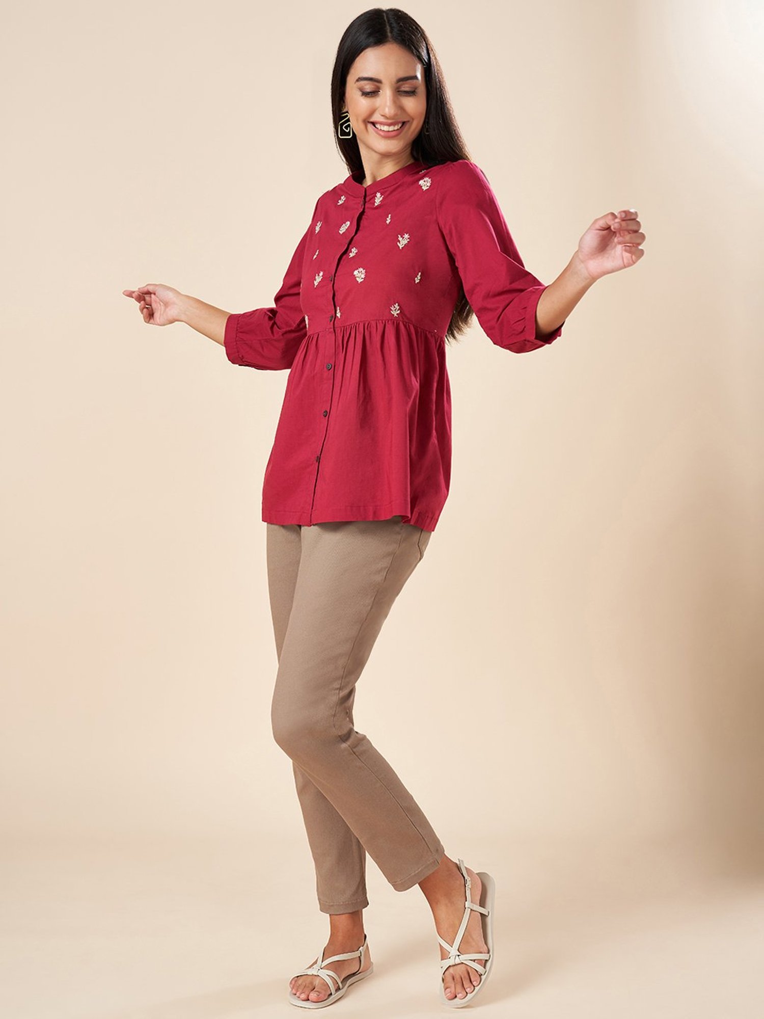 Akkriti by Pantaloons Maroon Cotton Embroidered Tunic