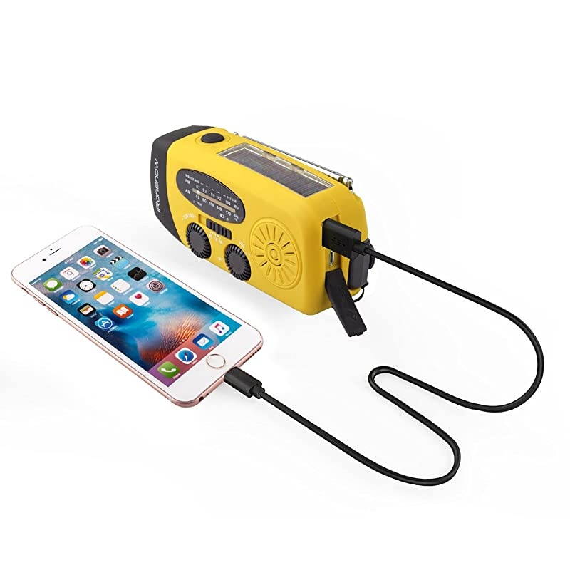Upgraded Version IS-088U+ Dynamo Solar Hand Crank Self Powered AM/FM/NOAA Weather Radio with LED Flashlight and 1000mAh Emergency Power Bank (Yellow)