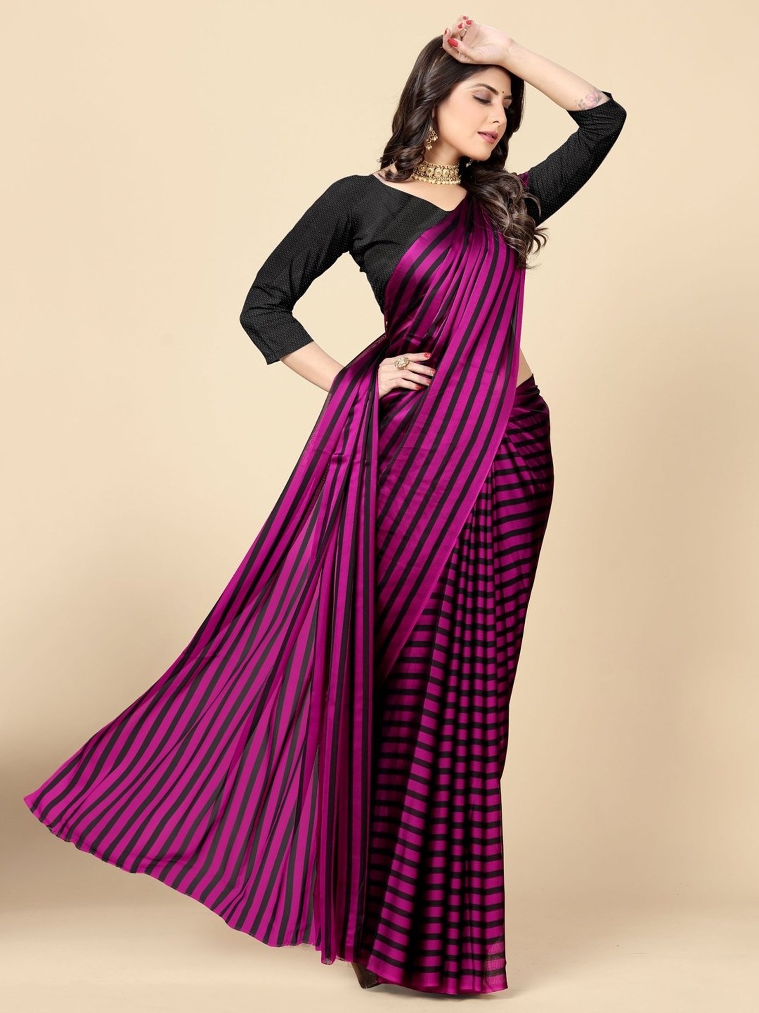 Rangita Purple & Black Striped Saree With Unstitched Blouse