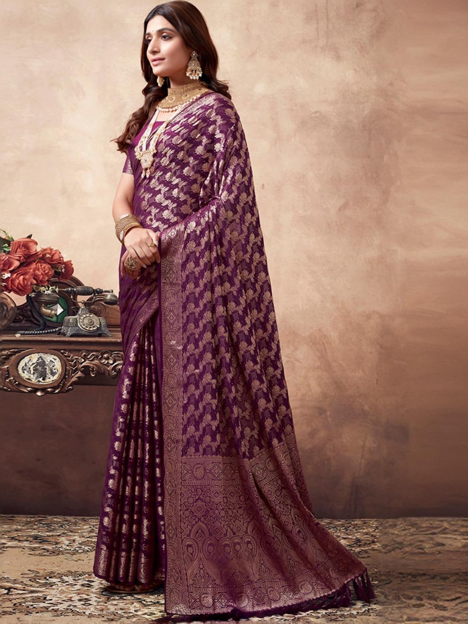 Satrani Purple Woven Saree With Unstitched Blouse