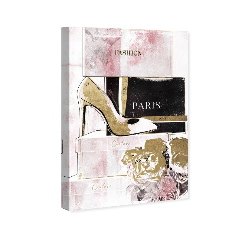 15" x 10" Glamorous Stacked Shoes Fashion and Glam Unframed Canvas Wall Art in Pink - Oliver Gal