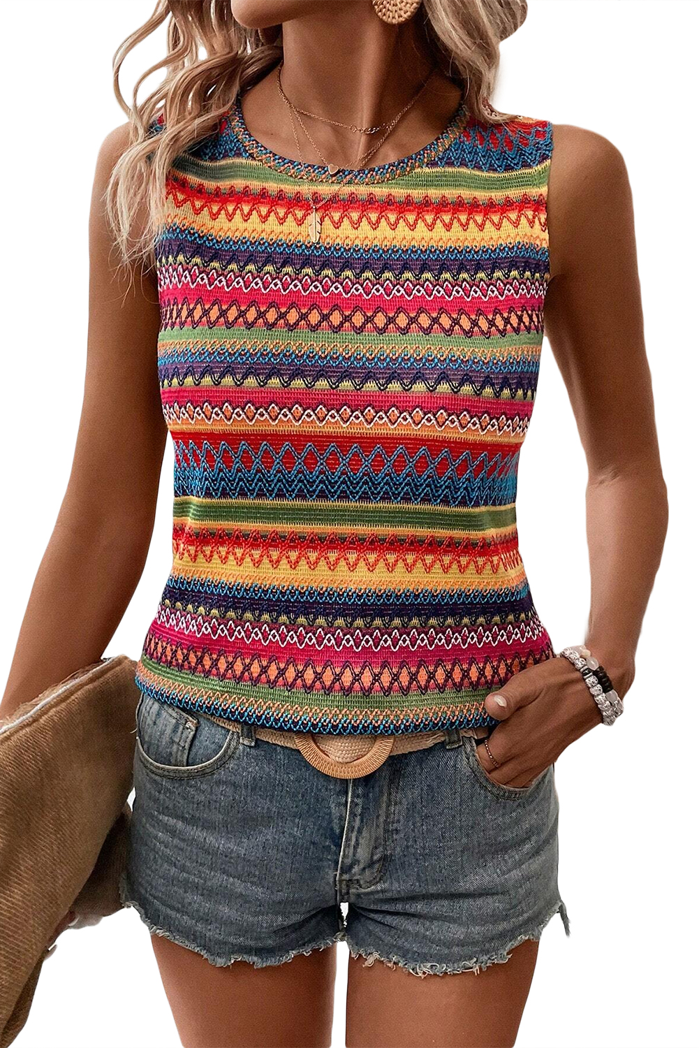 Pink Casual Solid Color Crew Neck Tank Top