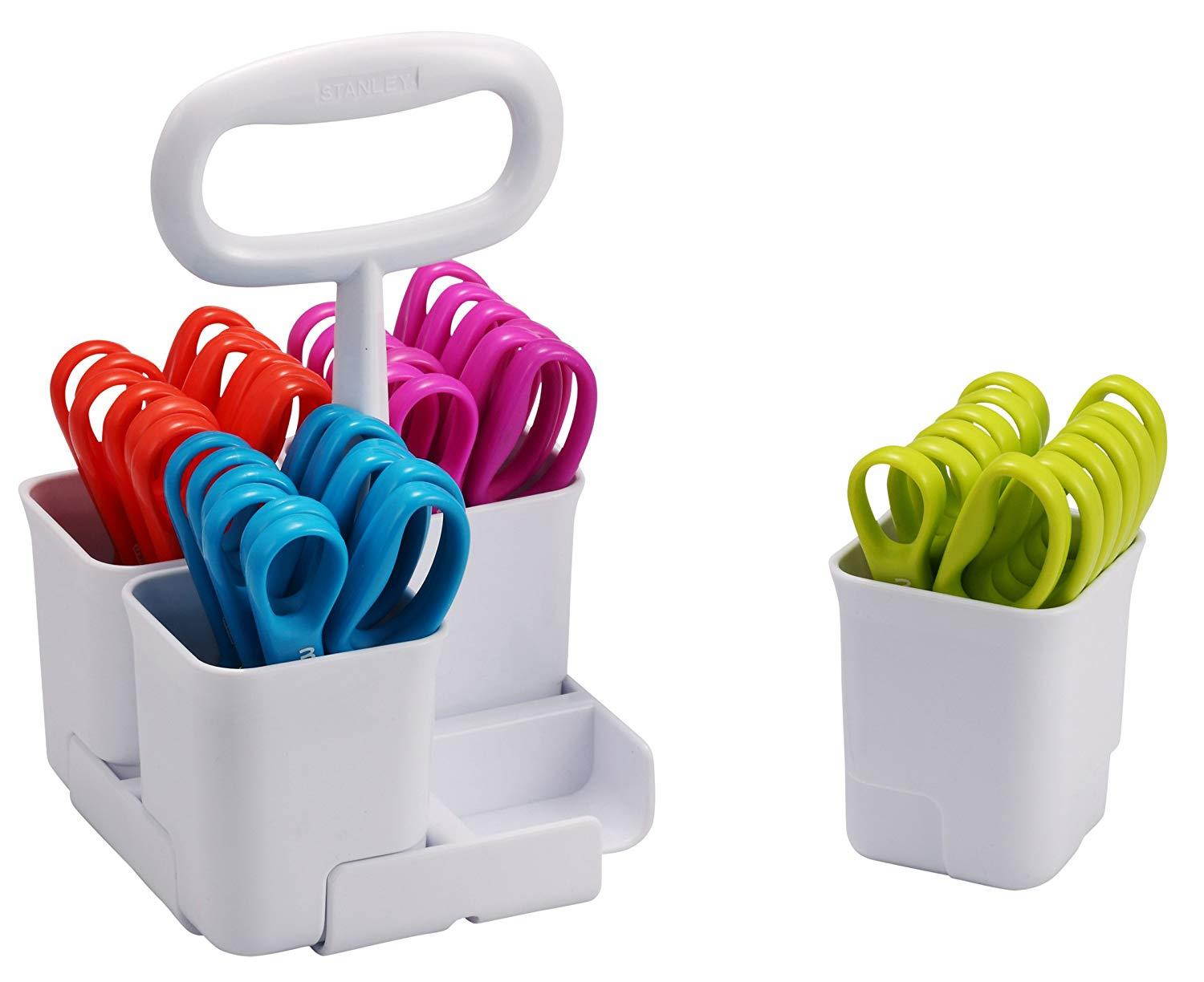 Stanley Removable 4 Cup Scissor Caddy and Minnow  5-Inch Pointed Tip Kids Scissors, 24 Pack (SCICAD-PT24)