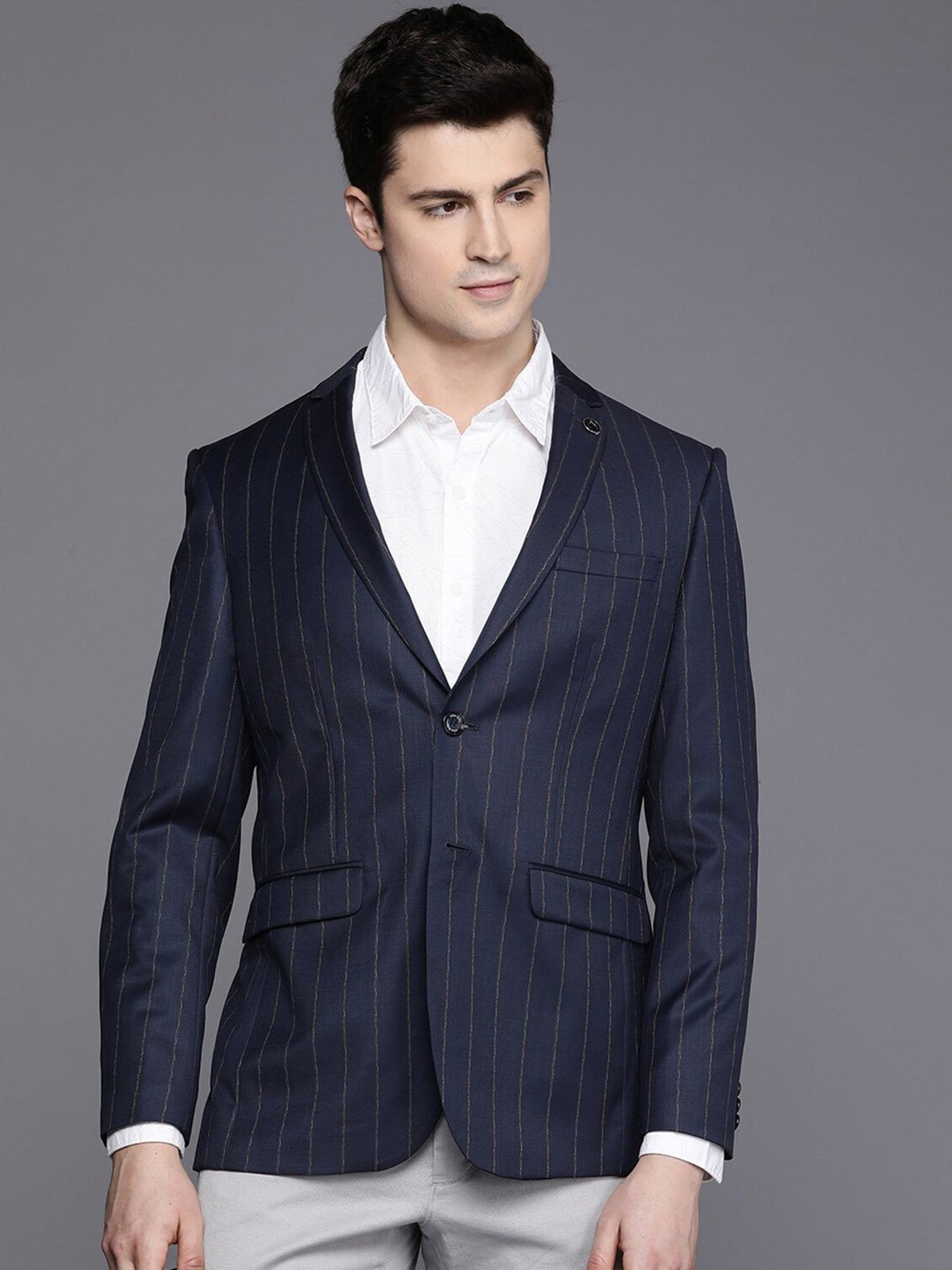 Allen Solly Navy Slim Fit Striped Blazer