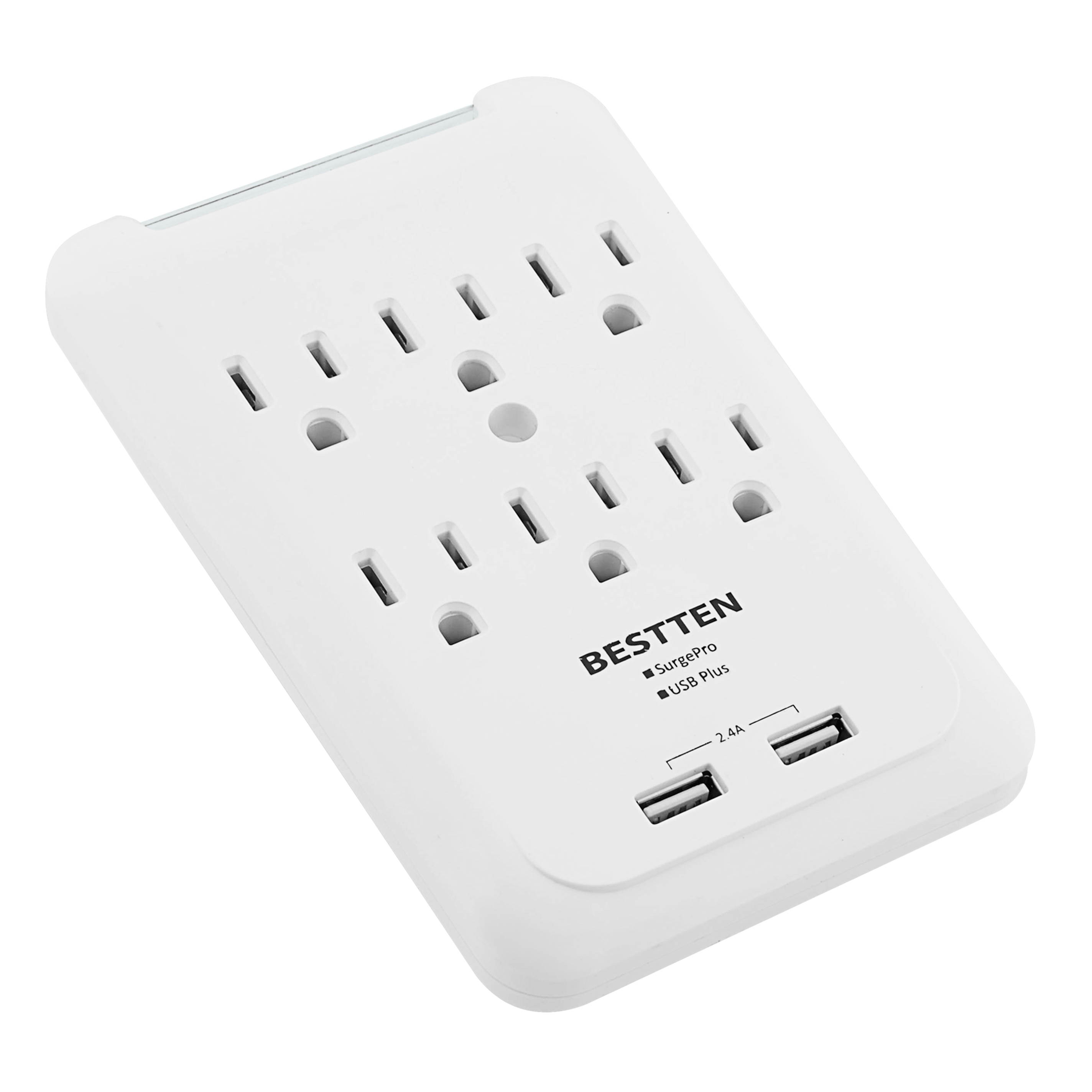 BESTTEN 6 Outlet Wall Tap Adapter, Mountable Surge Protector with Dual USB Charging Ports (2.4A Totally) and 6 AC Plugs, ETL Certified, White