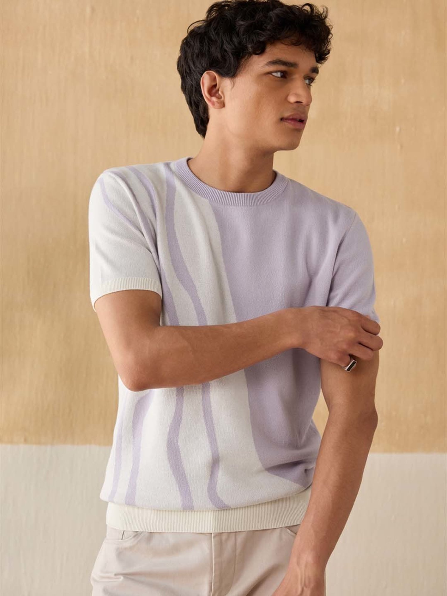 Andamen Lavender Cotton Regular Fit Printed T-Shirt