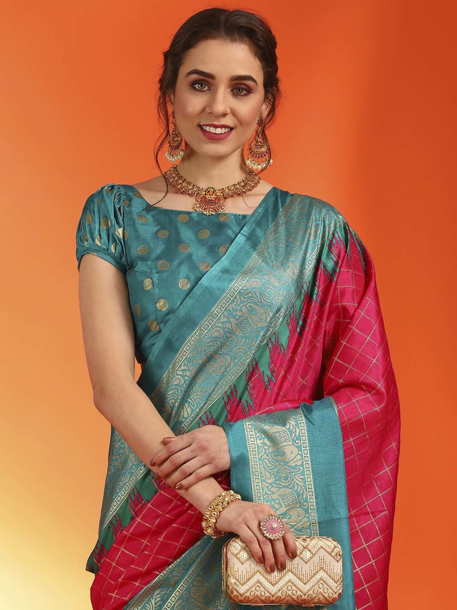 Saree Mall Pink & Blue Silk Printed Saree With Unstitched Blouse